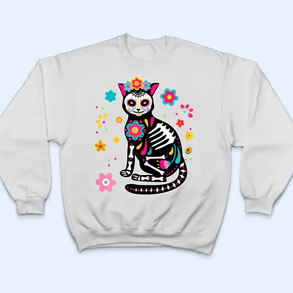 Womens-Black-Cat-Sugar-Skull-Dia-De-Los-Muertos-Mexican-Cinco-Mayo-T-Shirt-4 Womens Black Cat Sugar Skull Dia De Los Muertos Mexican Cinco Mayo T Shirt