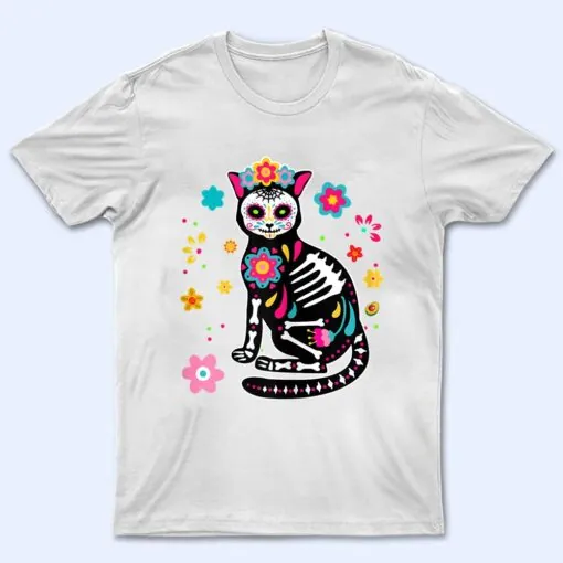 Womens Black Cat Sugar Skull Dia De Los Muertos Mexican Cinco Mayo T Shirt