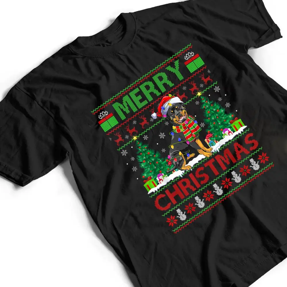 Xmas-Tree-Lights-Ugly-Santa-Rottweiler-Dog-Christmas-T-Shirt-2 Xmas Tree Lights Ugly Santa Rottweiler Dog Christmas T Shirt