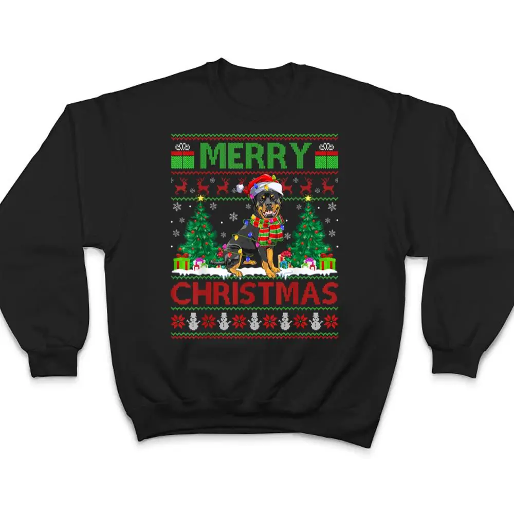 Xmas-Tree-Lights-Ugly-Santa-Rottweiler-Dog-Christmas-T-Shirt-4 Xmas Tree Lights Ugly Santa Rottweiler Dog Christmas T Shirt