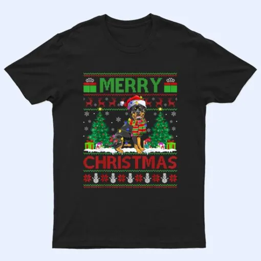 Xmas Tree Lights Ugly Santa Rottweiler Dog Christmas T Shirt