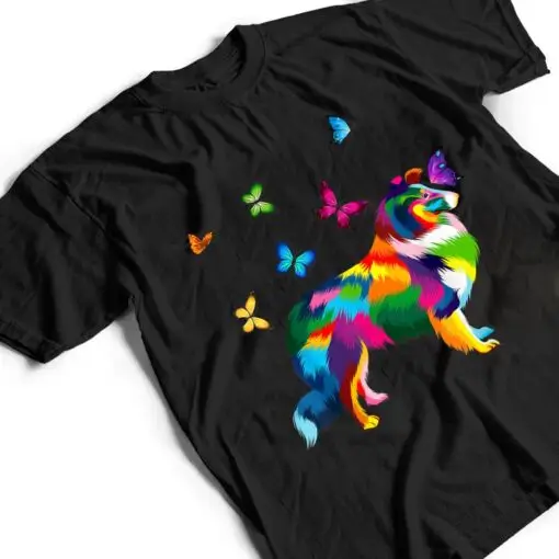 colored Sheltie colorful Shetland Sheepdog butterflies T Shirt