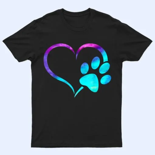 purple Cyan turquoise Dog Paw Print heart For Dogs Lover T Shirt