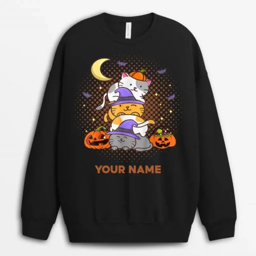 Custom Name Halloween Cats Anime Cat Kawaii Neko Pumpkin Cat Lover Witch Sweatshirt - Black