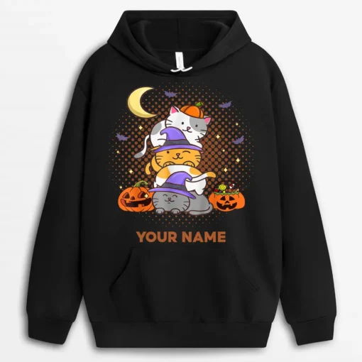 Custom Name Halloween Cats Anime Cat Kawaii Neko Pumpkin Cat Lover Witch Hoodie - Black