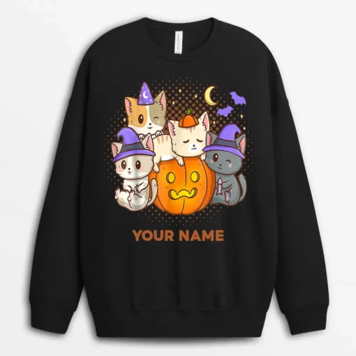 Custom Name Halloween Cats Anime Cat Kawaii Neko Pumpkin Cat Lover Witch Ver Sweatshirt - Black