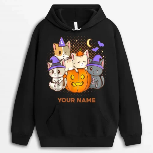 Custom Name Halloween Cats Anime Cat Kawaii Neko Pumpkin Cat Lover Witch Ver Hoodie - Black