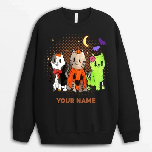 Custom Name Halloween Cats Anime Cat Kawaii Neko Pumpkin Cat Lover Witch Sweatshirt - Black