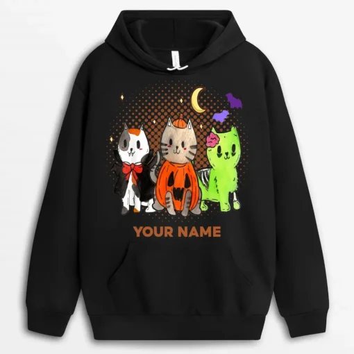 Custom Name Halloween Cats Anime Cat Kawaii Neko Pumpkin Cat Lover Witch Hoodie - Black