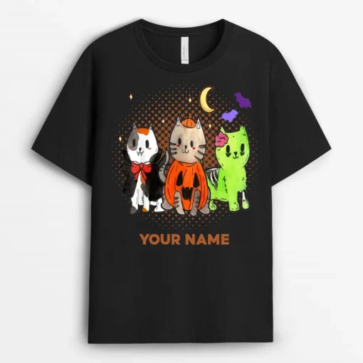 Custom Name Halloween Cats Anime Cat Kawaii Neko Pumpkin Cat Lover Witch T Shirt