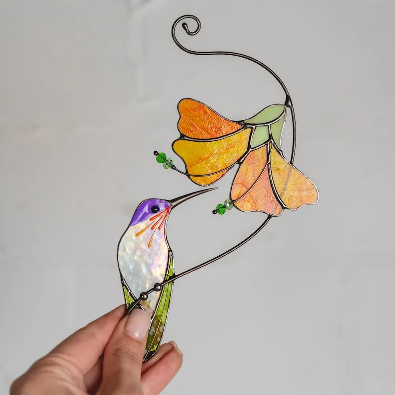 16555624-r-il-a78ae4-5950952726-il_794xN.5950952726_kjby Hummingbird stained glass bird suncatcher Mom gifts Modern stained glass window hangings Custom stained glass flower suncatcher