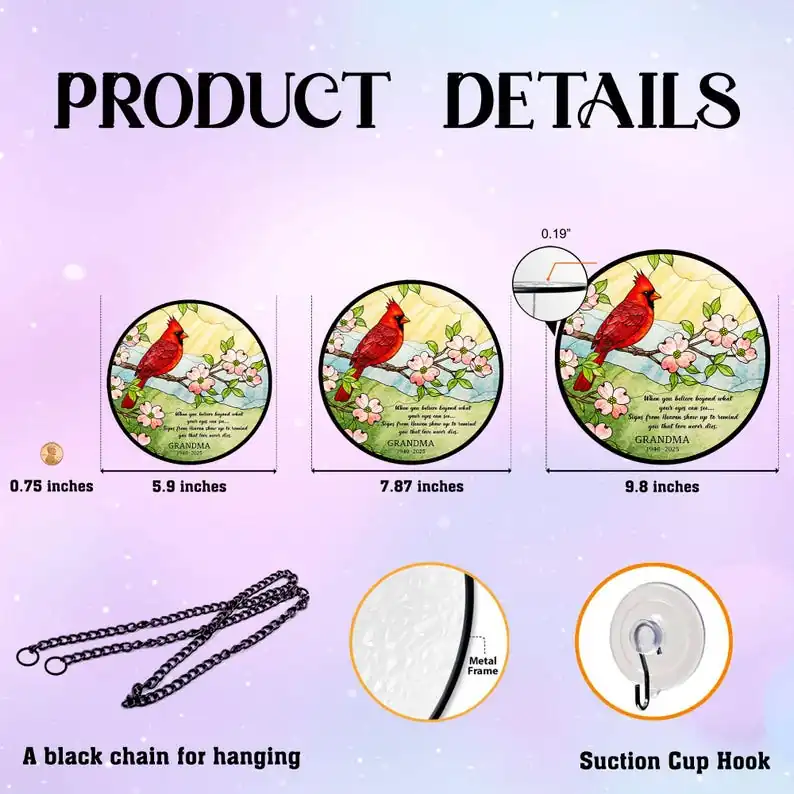 34403569-r-il-1ec3f4-6727216456-il_794xN.6727216456_8dwq Memorial Cardinal Suncatcher, Custom Stained Glass Window Hanging, Grandma Loss Sympathy Gift, Cardinal Sign from Heaven, Remembrance Gift