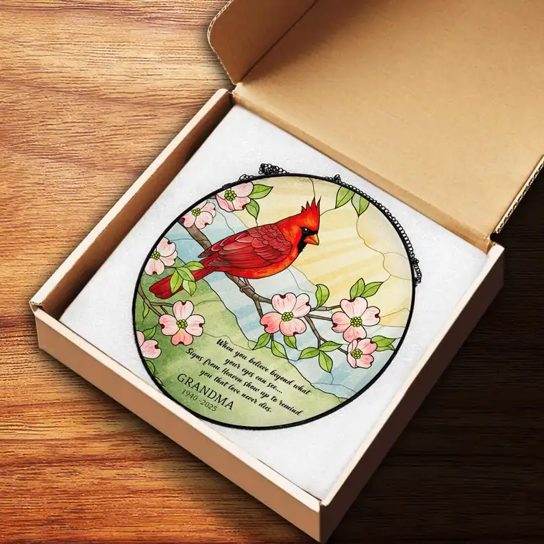34403569-r-il-4e95b6-6775244479-il_794xN.6775244479_ee2j Memorial Cardinal Suncatcher, Custom Stained Glass Window Hanging, Grandma Loss Sympathy Gift, Cardinal Sign from Heaven, Remembrance Gift