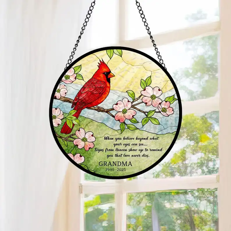 34403569-r-il-e02ac6-6775244313-il_794xN.6775244313_eq66 Memorial Cardinal Suncatcher, Custom Stained Glass Window Hanging, Grandma Loss Sympathy Gift, Cardinal Sign from Heaven, Remembrance Gift