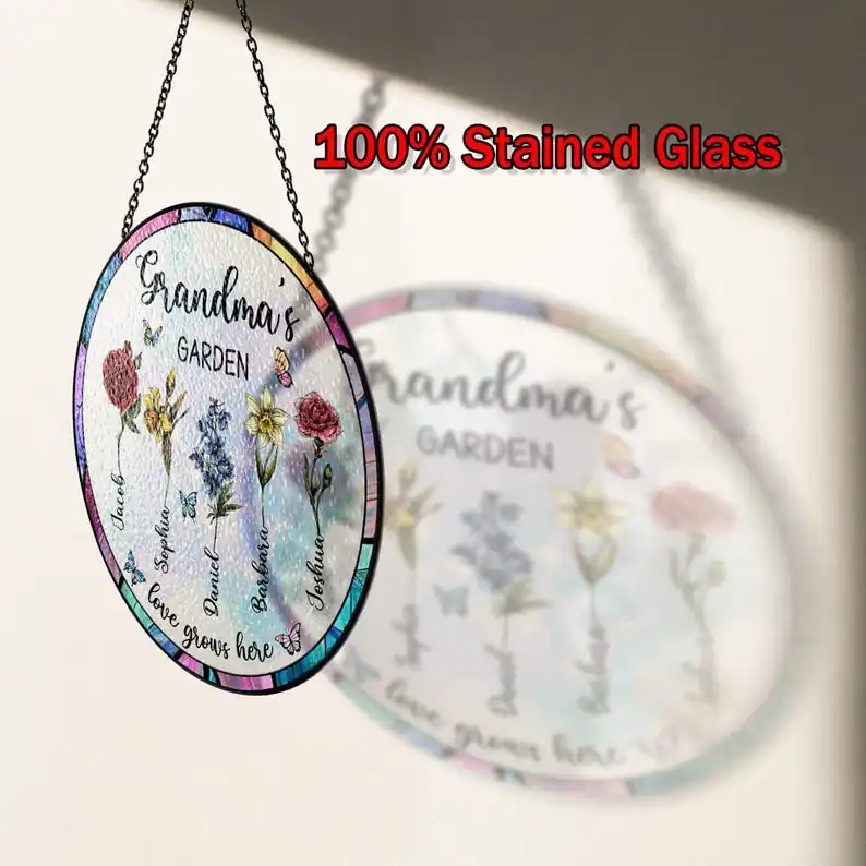 Personalized Grandma's Garden Gift For Grandma, Grandma Gift, Mother's Day Gift For Grandma, Nana Birth Month Flower Stain Glass Suncatcher