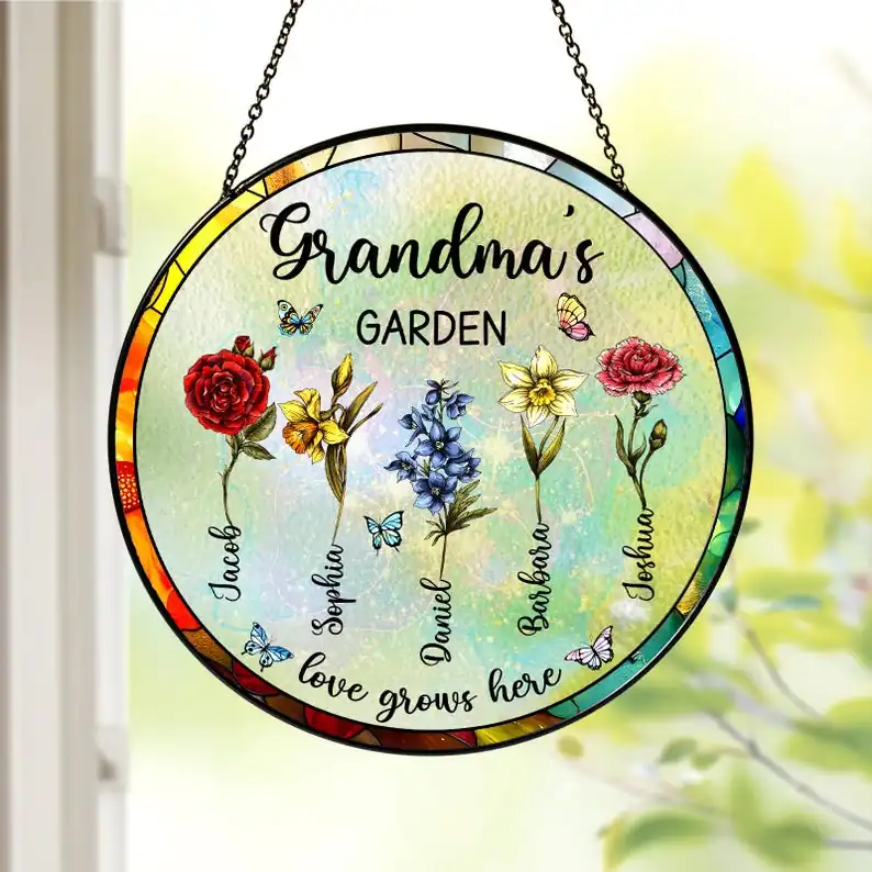Personalized Grandma's Garden Gift For Grandma, Grandma Gift, Mother's Day Gift For Grandma, Nana Birth Month Flower Stain Glass Suncatcher