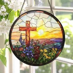 Cross Sunset Window Glass, Suncatcher Window Hanging, Indoor Decor, Stained Glass Gift, Christian Cross, Christmas Jesus Gift, Window Decor