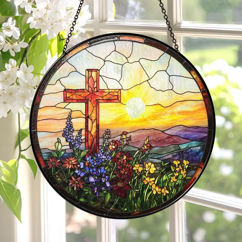 Cross Sunset Window Glass, Suncatcher Window Hanging, Indoor Decor, Stained Glass Gift, Christian Cross, Christmas Jesus Gift, Window Decor