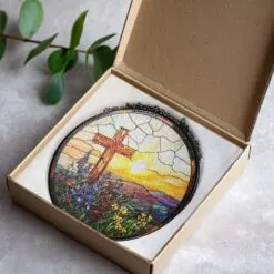Cross Sunset Window Glass, Suncatcher Window Hanging, Indoor Decor, Stained Glass Gift, Christian Cross, Christmas Jesus Gift, Window Decor
