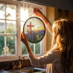 Cross Sunset Window Glass, Suncatcher Window Hanging, Indoor Decor, Stained Glass Gift, Christian Cross, Christmas Jesus Gift, Window Decor