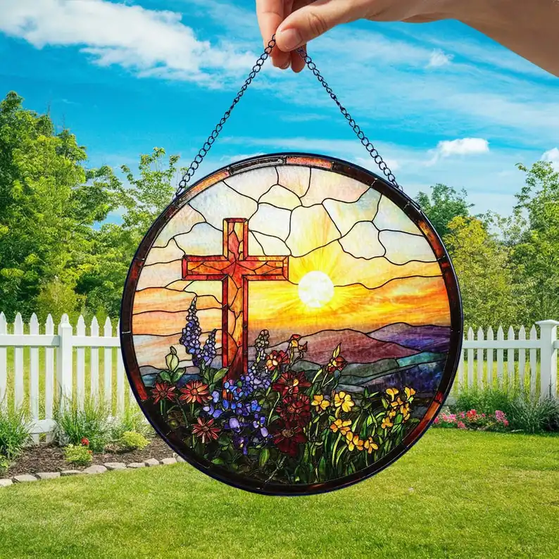 Cross Sunset Window Glass, Suncatcher Window Hanging, Indoor Decor, Stained Glass Gift, Christian Cross, Christmas Jesus Gift, Window Decor