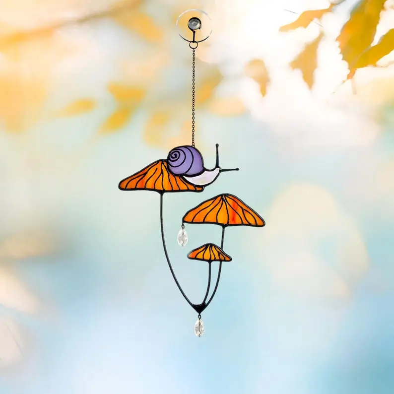 48065146-r-il-1735e6-5795777535-il_794xN.5795777535_fx54 Mushrooms with Snail Stained Glass Window Hangings. Pink Suncatcher Mushrooms for Home Decoration. Perfect Gift for Friends or Coworkers.