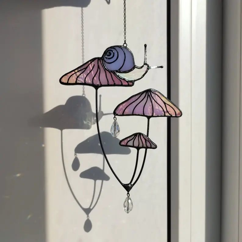 48065146-r-il-920705-5838965707-il_794xN.5838965707_rn0w Mushrooms with Snail Stained Glass Window Hangings. Pink Suncatcher Mushrooms for Home Decoration. Perfect Gift for Friends or Coworkers.