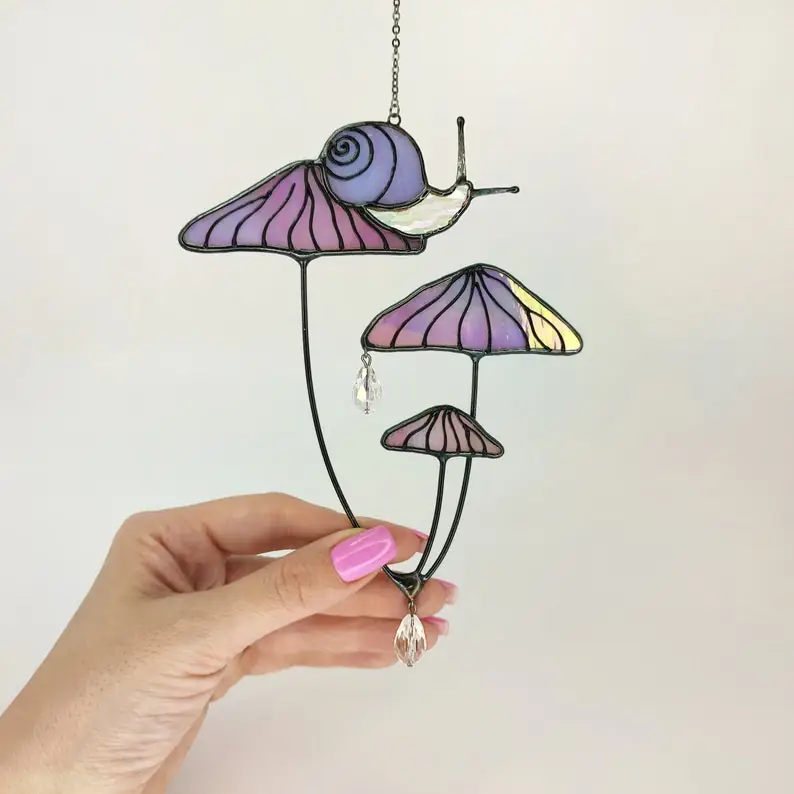 48065146-r-il-959f03-5791398209-il_794xN.5791398209_3cc2 Mushrooms with Snail Stained Glass Window Hangings. Pink Suncatcher Mushrooms for Home Decoration. Perfect Gift for Friends or Coworkers.