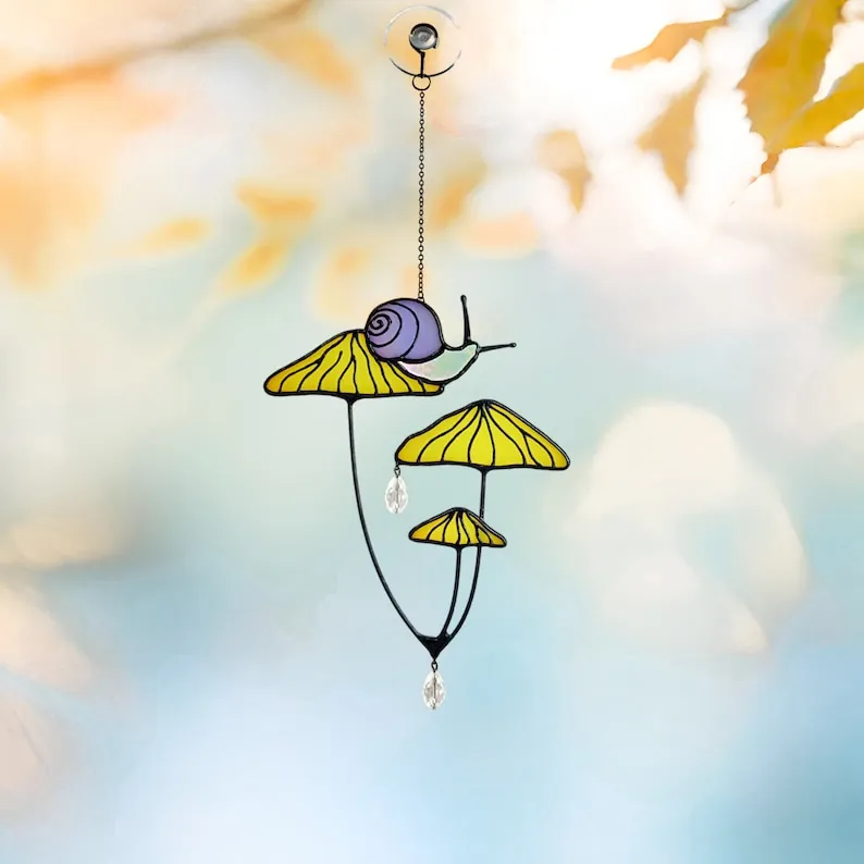 48065146-r-il-a98889-5747697690-il_794xN.5747697690_dm1a Mushrooms with Snail Stained Glass Window Hangings. Pink Suncatcher Mushrooms for Home Decoration. Perfect Gift for Friends or Coworkers.