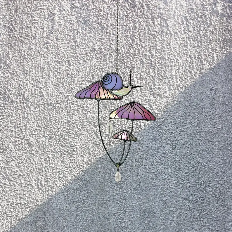48065146-r-il-c9c0db-5791408507-il_794xN.5791408507_owmw Mushrooms with Snail Stained Glass Window Hangings. Pink Suncatcher Mushrooms for Home Decoration. Perfect Gift for Friends or Coworkers.