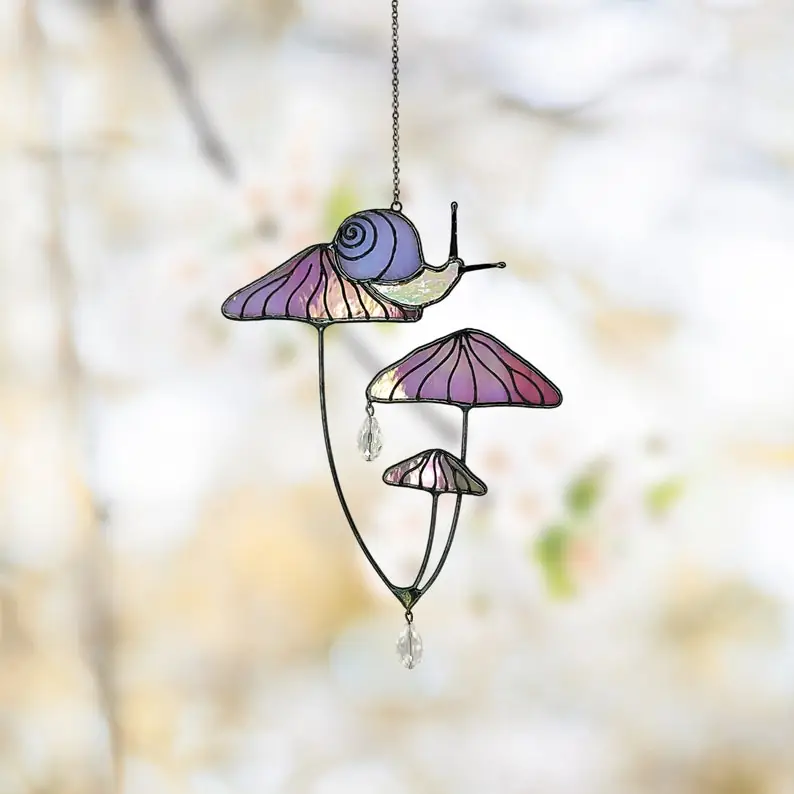 48065146-r-il-d46e1a-5743329630-il_794xN.5743329630_7uzv Mushrooms with Snail Stained Glass Window Hangings. Pink Suncatcher Mushrooms for Home Decoration. Perfect Gift for Friends or Coworkers.