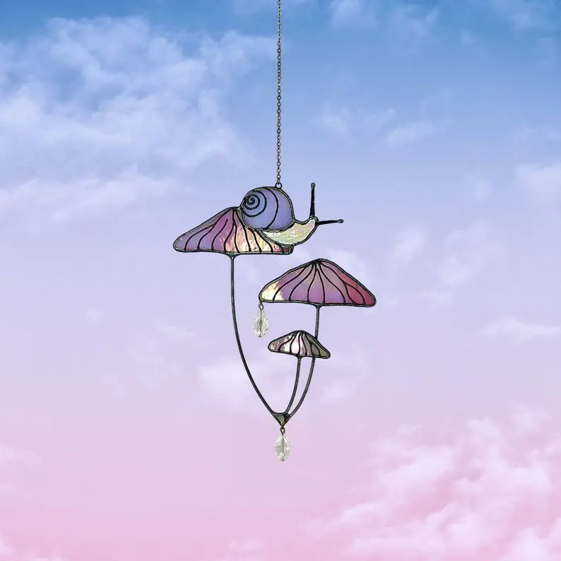 48065146-r-il-d9fde7-5791408937-il_794xN.5791408937_2s00 Mushrooms with Snail Stained Glass Window Hangings. Pink Suncatcher Mushrooms for Home Decoration. Perfect Gift for Friends or Coworkers.