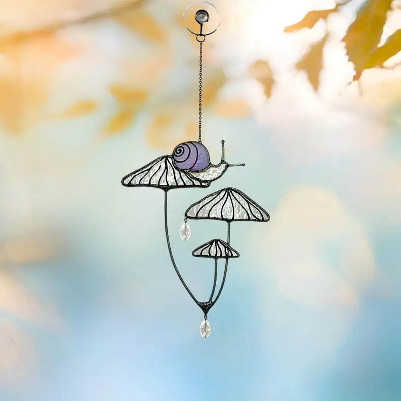 48065146-r-il-dbeaba-5795774767-il_794xN.5795774767_ra1m Mushrooms with Snail Stained Glass Window Hangings. Pink Suncatcher Mushrooms for Home Decoration. Perfect Gift for Friends or Coworkers.