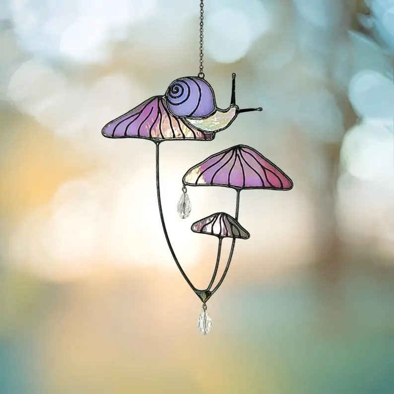 48065146-r-il-ea310f-5838966907-il_794xN.5838966907_m7j7 Mushrooms with Snail Stained Glass Window Hangings. Pink Suncatcher Mushrooms for Home Decoration. Perfect Gift for Friends or Coworkers.