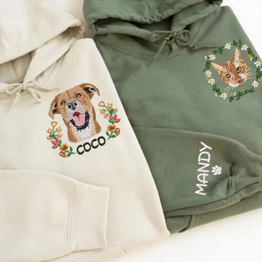 Custom Dog Portrait Embroidered Sweatshirt, Custom Embroidered Pet Hoodie, Personalized Pet Face and Pet name Sweatshirt, Gift For Mom
