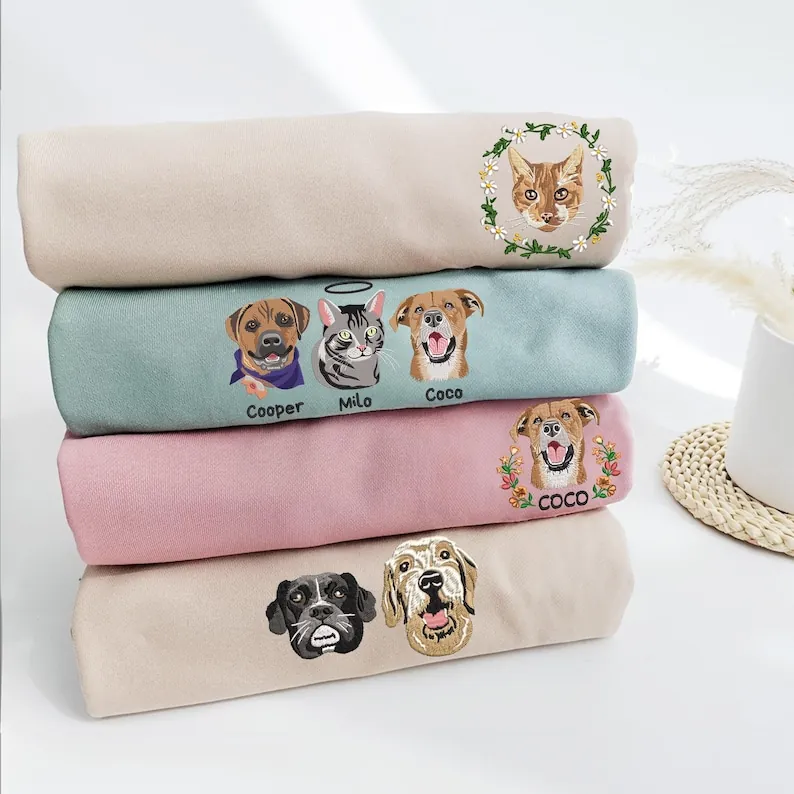 Custom Dog Portrait Embroidered Sweatshirt, Custom Embroidered Pet Hoodie, Personalized Pet Face and Pet name Sweatshirt, Gift For Mom