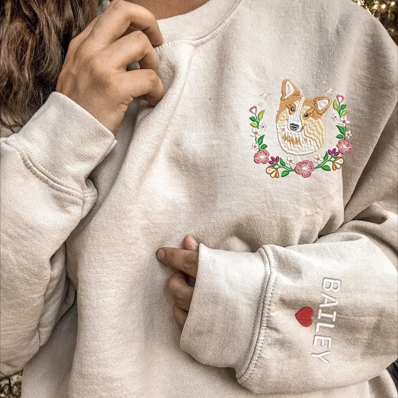 Custom Dog Portrait Embroidered Sweatshirt, Custom Embroidered Pet Hoodie, Personalized Pet Face and Pet name Sweatshirt, Gift For Mom