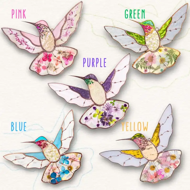 55486406-r-il-03dbf3-6443404524-il_794xN.6443404524_g4r2 Hummingbird Stained Glass Window Hangings Mothers Day Gift Pressed Flower Art Custom Stained Glass Hummingbird Suncatcher Gifts For Mom